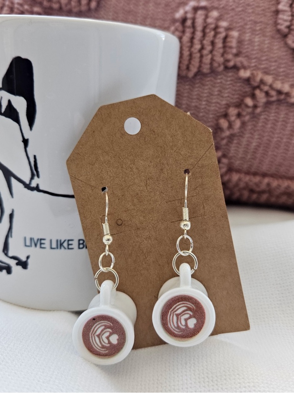 Latte Art Mini Mug Dangle Earrings - White with Dusty Rose Detail